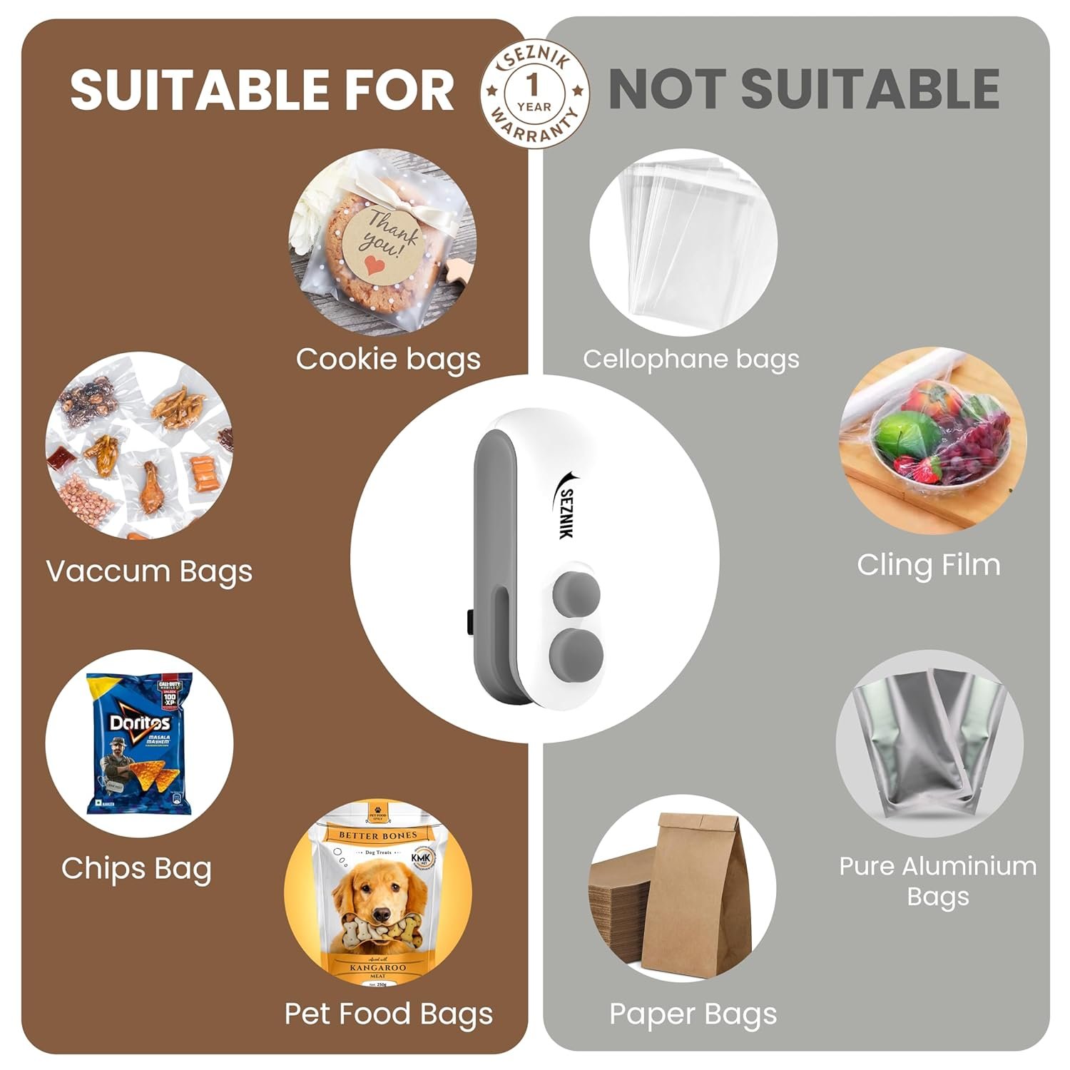 Seznik Portable Mini Sealing Machine, Handheld Packet Sealer for Food, Snacks, Chips, Fresh Storage, Plastic Bags Sealing Machine, 1 YEAR Warranty (White) - Image 5